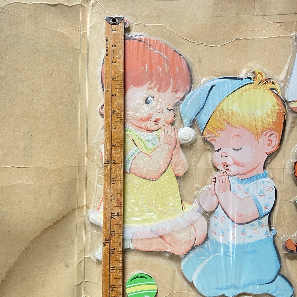 Vtg 50s Dolly Toy Co. Girl & Boy Praying w/ Dog Wall Decor Hanging Set NOS - Picture 4 of 9